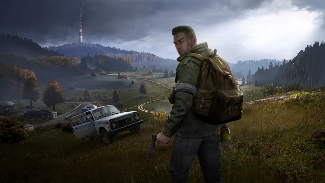 Jovem fazendo agachamento segurando o Joy‑Con do Switch 2, com capas de DayZ e Dogpile ao fundo