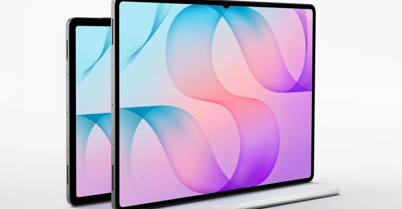 Galaxy Tab S12 Plus exibindo nova interface Android 14 ao lado do logotipo da Samsung em fundo neutro