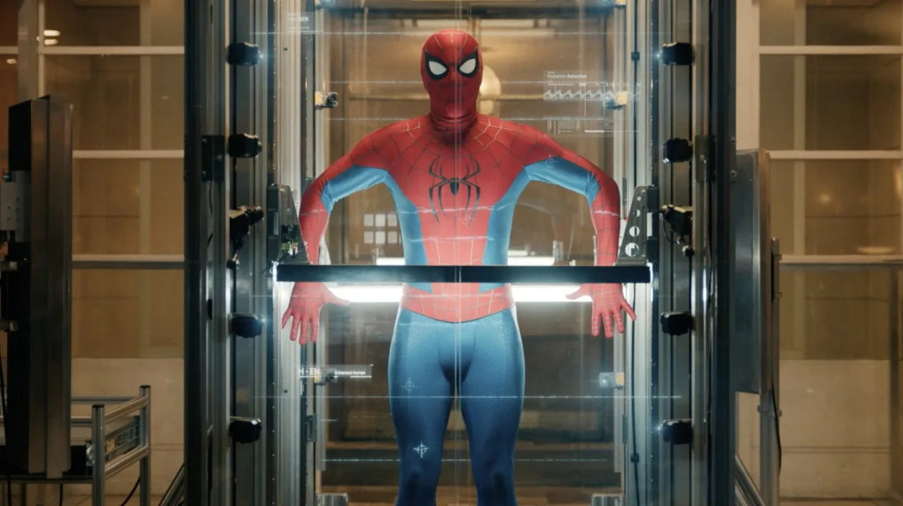 Um atleta musculoso vestindo camiseta do Homem‑Aranha faz levantamento terra com barra, ao fundo um pôster do trailer com Hulk
