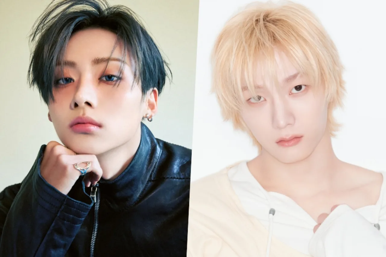 Sangwon e Sungho vestindo roupas de treino, segurando halteres e fazendo polichinelos no estúdio