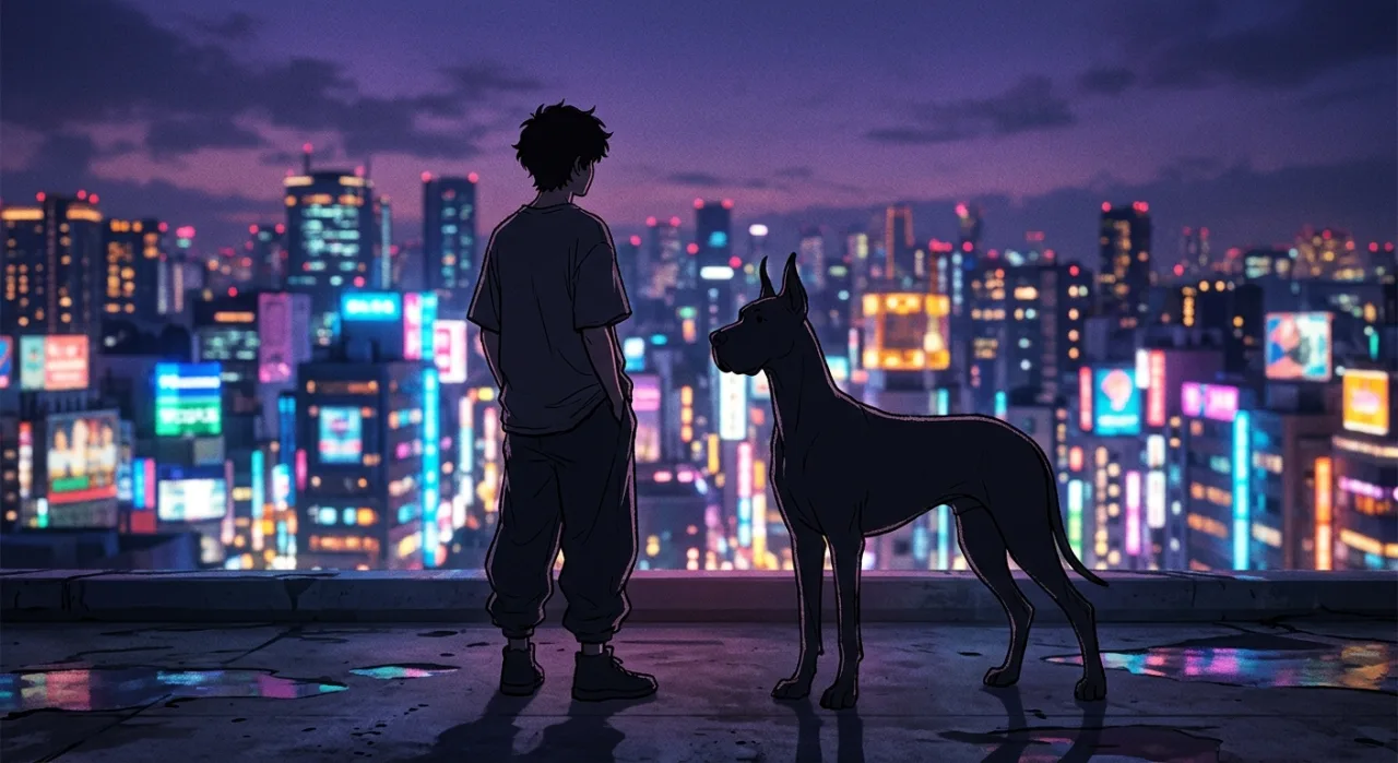 Salsicha e Scooby-Doo correndo em uma rua de Tóquio enquanto seguram lanches típicos da culinária japonesa