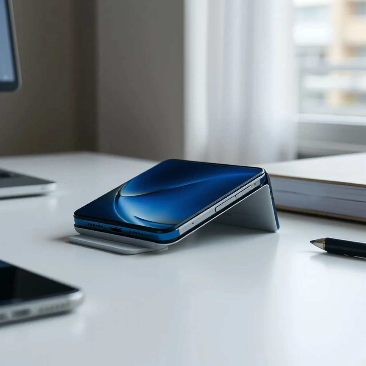 iPhone Duo dobrável em branco e azul escuro, aberto mostrando tela dupla e logo da Apple, ao lado de preço $2.000