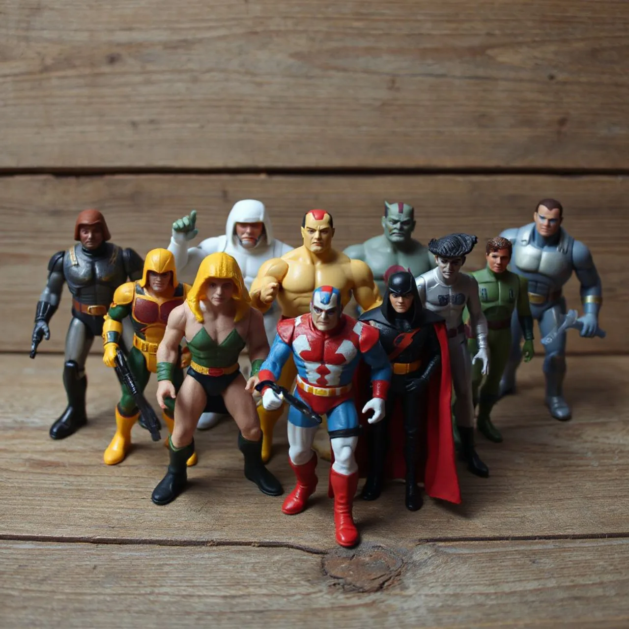 Action figures dos anos 90 em exibição, com personagens de filmes, jogos e desenhos, e logo da Heritage Auctions