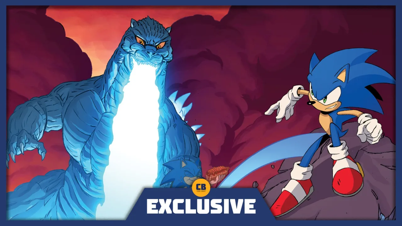 Capa do comic Sonic x Godzilla #5 mostrando Sonic azul e Godzilla verde em confronto, com logo da série