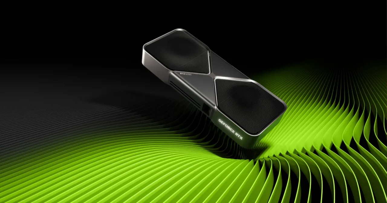 Logotipo da Nvidia ao lado de um chip RTX 5090 ao fundo, com destaque para a placa RTX Pro e símbolos de IA