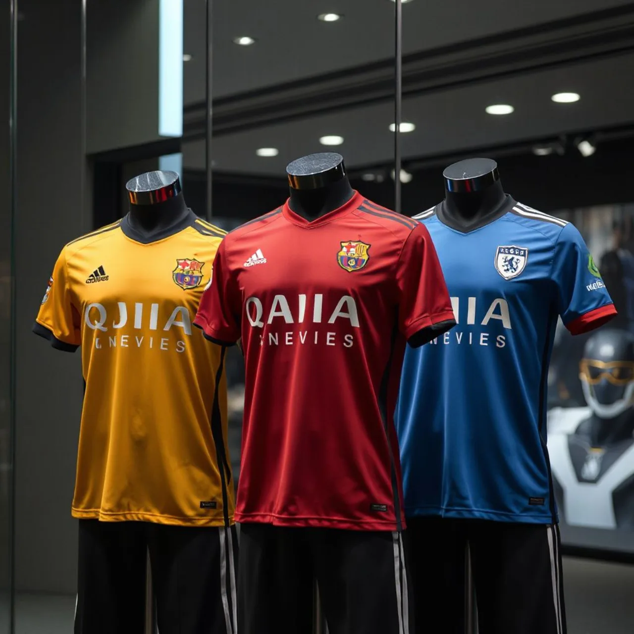Três camisas de futebol comemorativas do Xbox 25 anos expostas com logos da Dyenamik