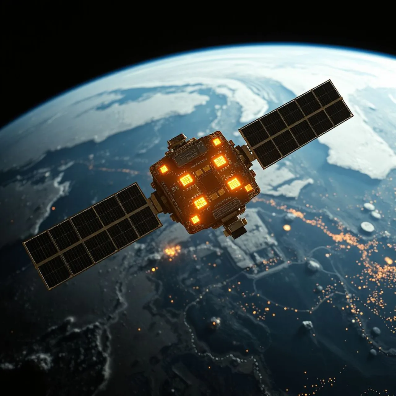 Satélite de IA da Google com logotipo da empresa flutuando sobre a Terra, destacando processadores futuristas