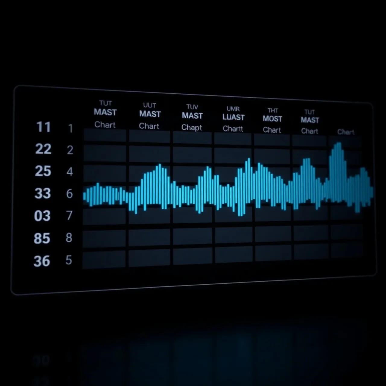 Um estúdio com fones de ouvido, tela exibindo gráficos de charts e um cérebro digitalizado ao fundo