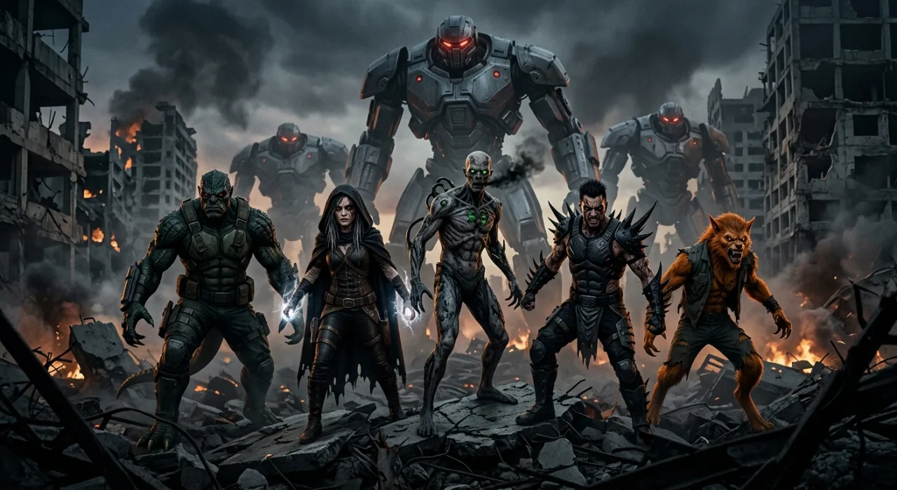 Homem musculoso levantando halteres ao lado de pôsteres de Magneto e Apocalypse na parede da academia