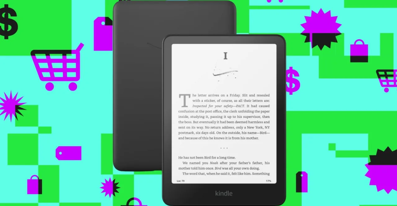Pessoa em roupa de academia, sentada na esteira, lendo Kindle Paperwhite com capa azul iluminada