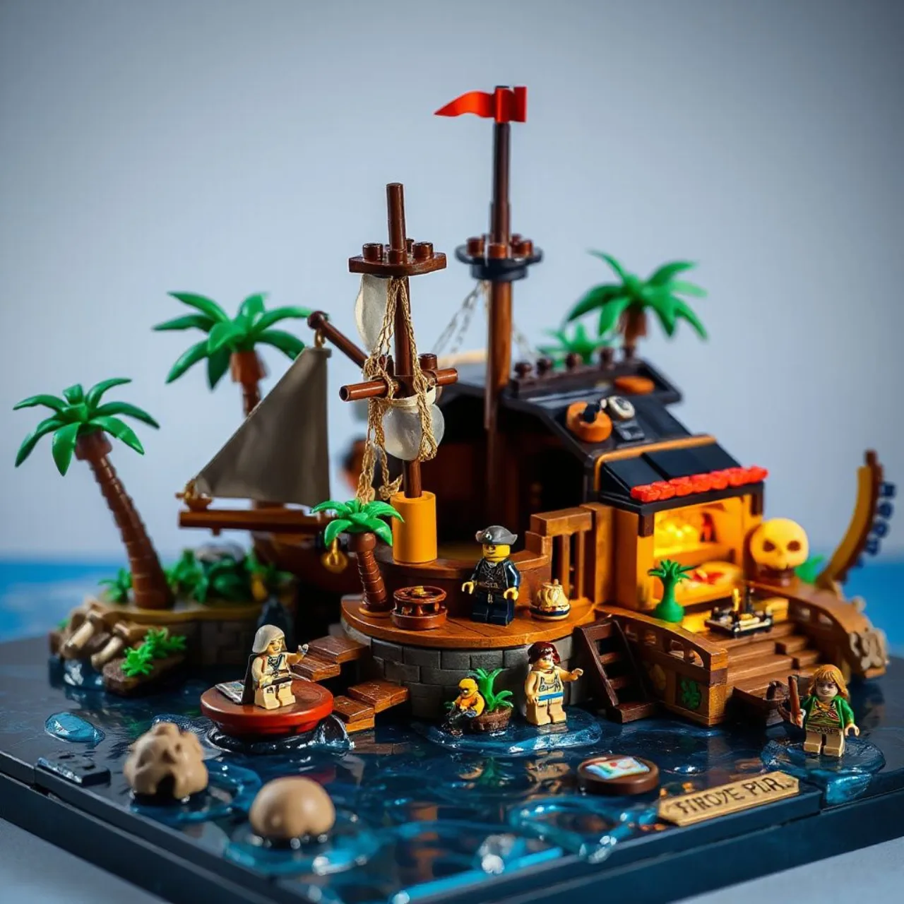 Conjunto LEGO de Monkey Island mostra a nave pirata, Guybrush, LeChuck e o macaco, minifiguras e easter eggs
