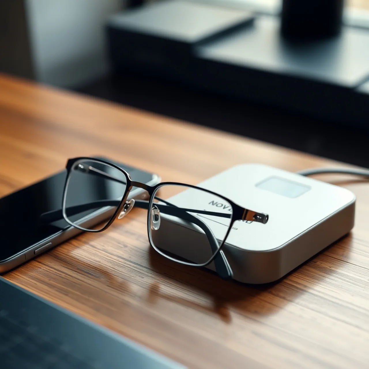 Pessoa usando óculos inteligentes de alta tecnologia enquanto corre ao ar livre e monitora dados em um smartwatch