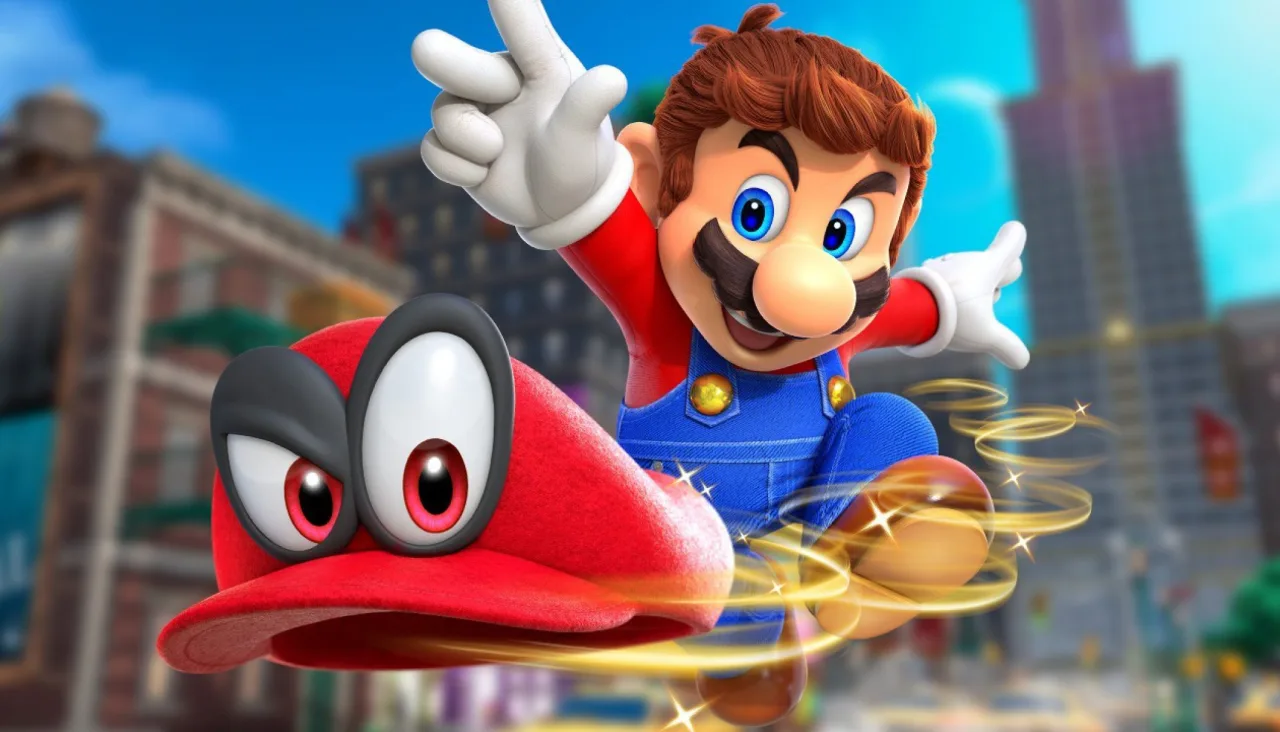 Jovem faz agachamento segurando controle do Nintendo Switch com capa de Super Mario 3D na TV ao fundo