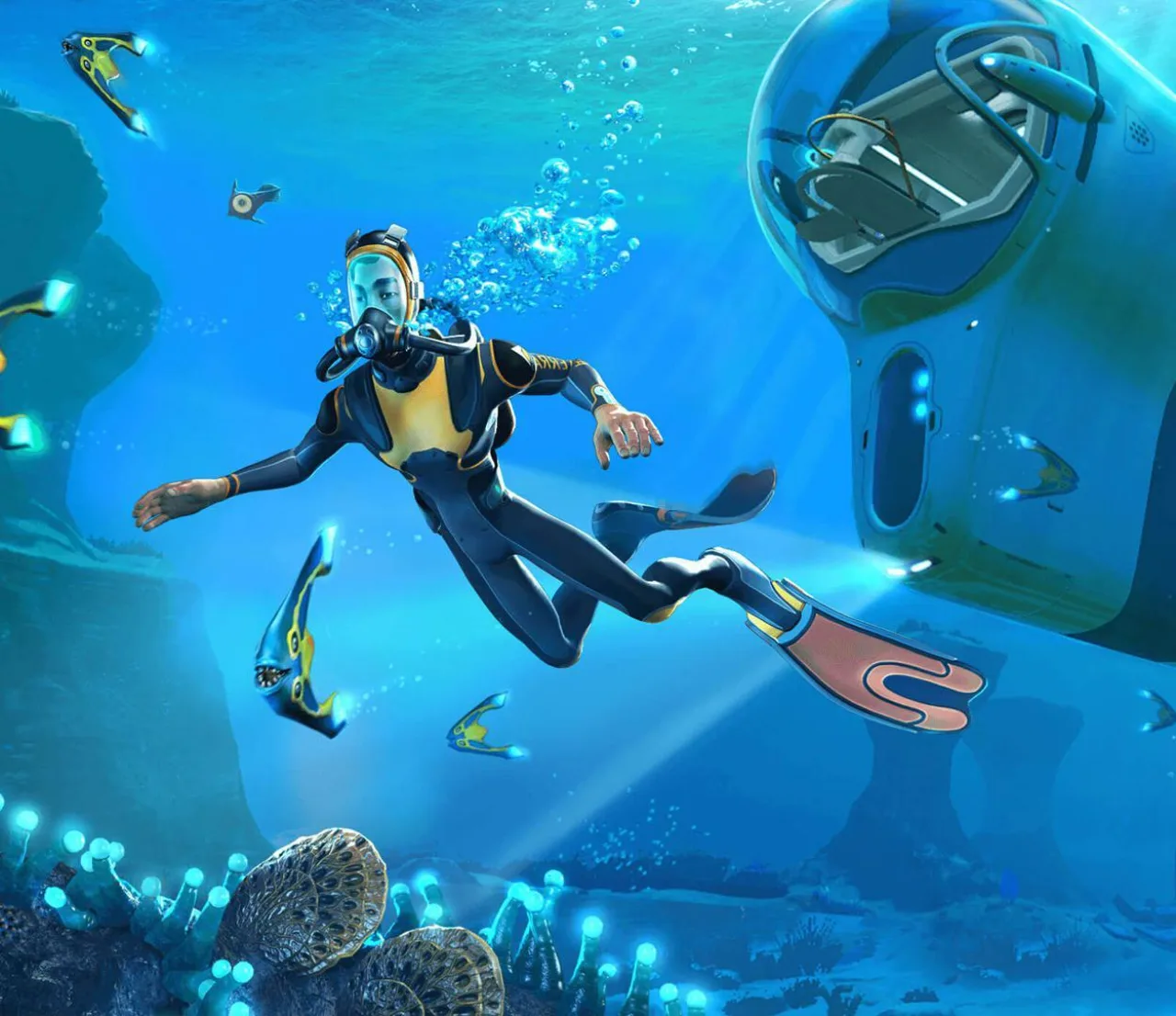 Atleta em traje de neoprene azul usando nadadeiras e máscara de snorkel enquanto nada em águas oceânicas cristalinas