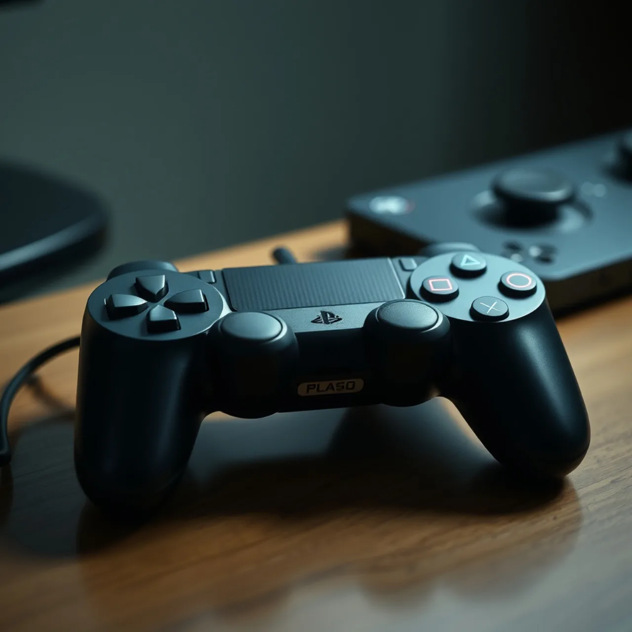 Jogador segurando controle, ao lado de um disco de PlayStation vazio, com halteres ao fundo