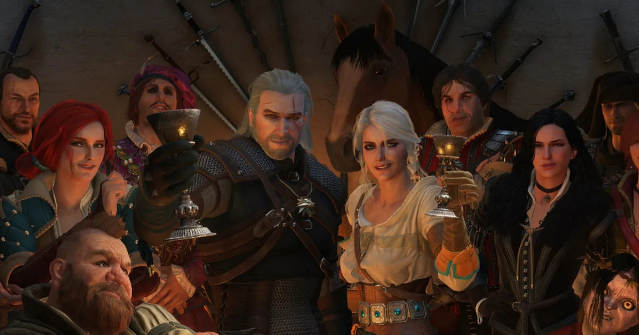 Jogador sentado, segurando controle, ao lado de halteres e garrafa de água, com tela do Witcher 3 ao fundo