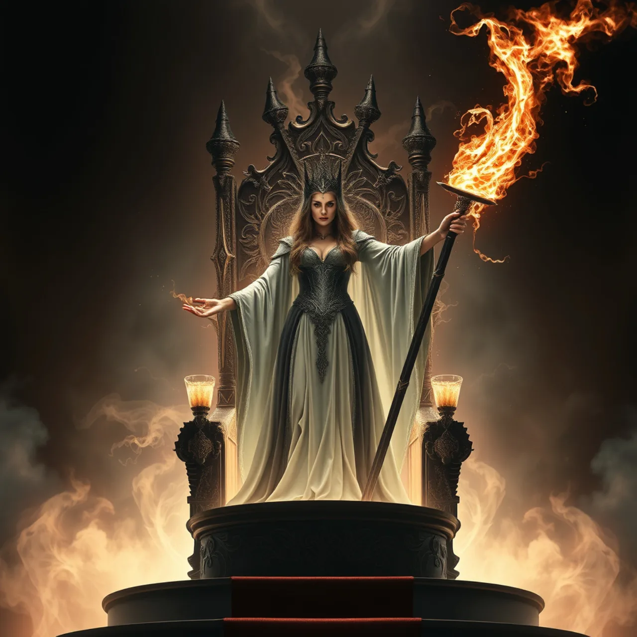 Uma mulher musculosa levanta um martelo de ferro, vestindo capa escura e coroa, ao fundo a silhueta do trono de Asgard