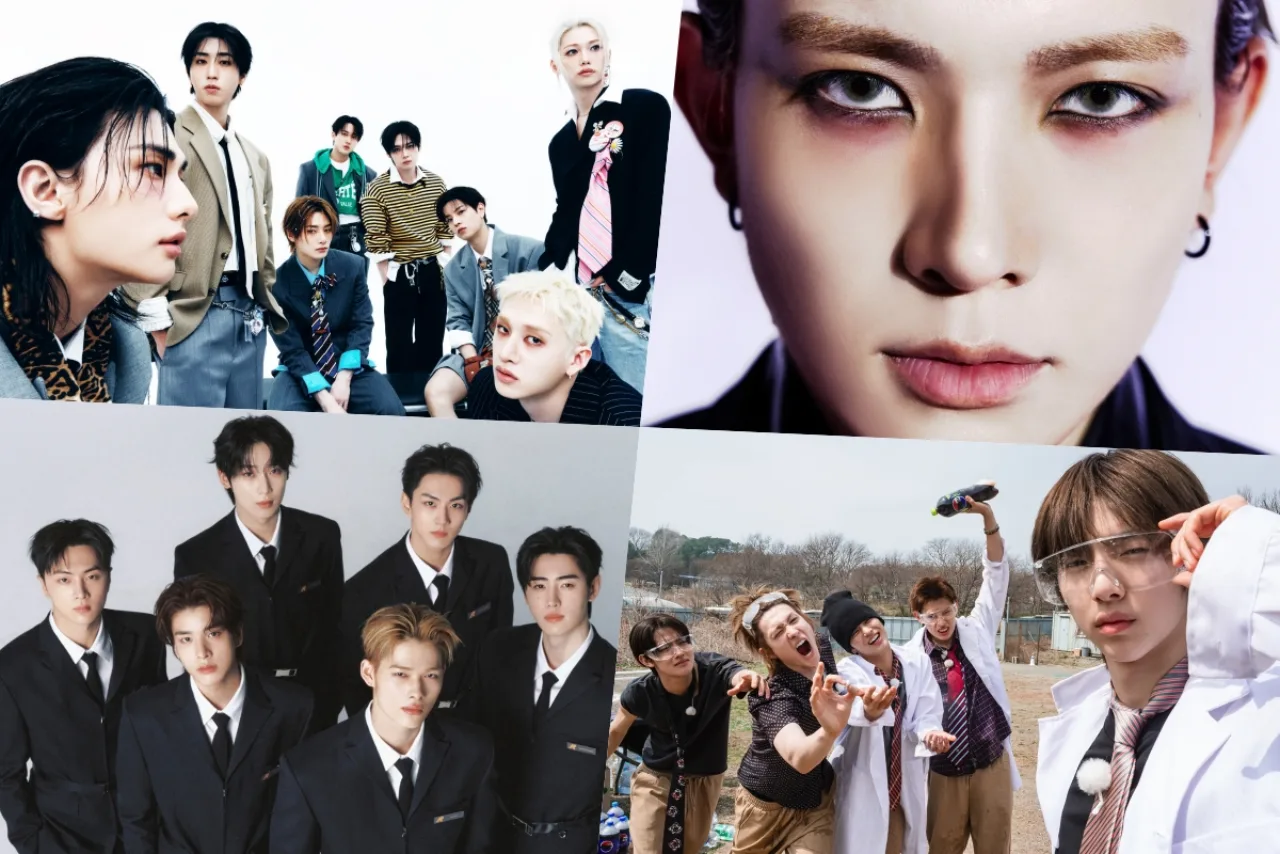 Capa de THIS & THAT da Stray Kids ao lado dos discos MAP OF THE SOUL: 7, BE, e Love Yourself, com o logo da Billboard