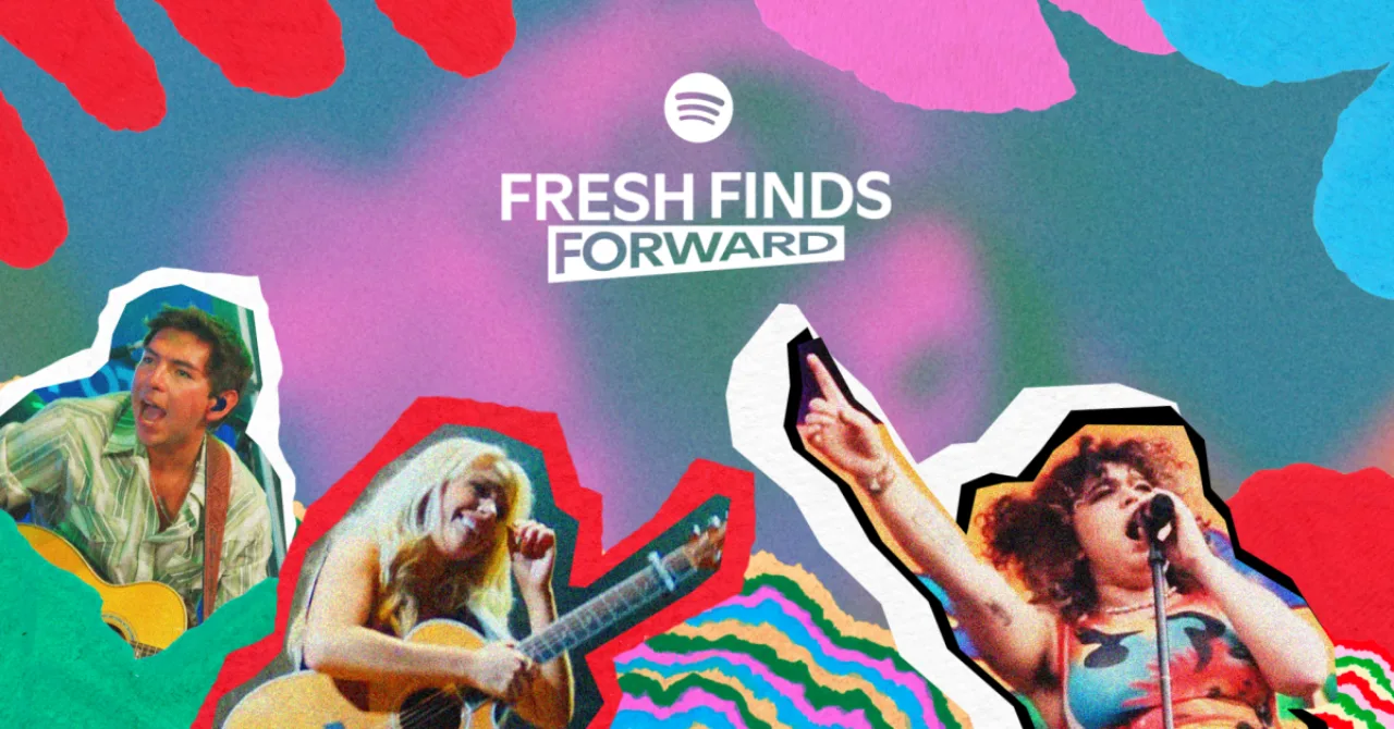 Logotipo verde da Spotify ao lado de um estúdio de gravação com microfone, fones e tela exibindo a playlist Fresh Finds