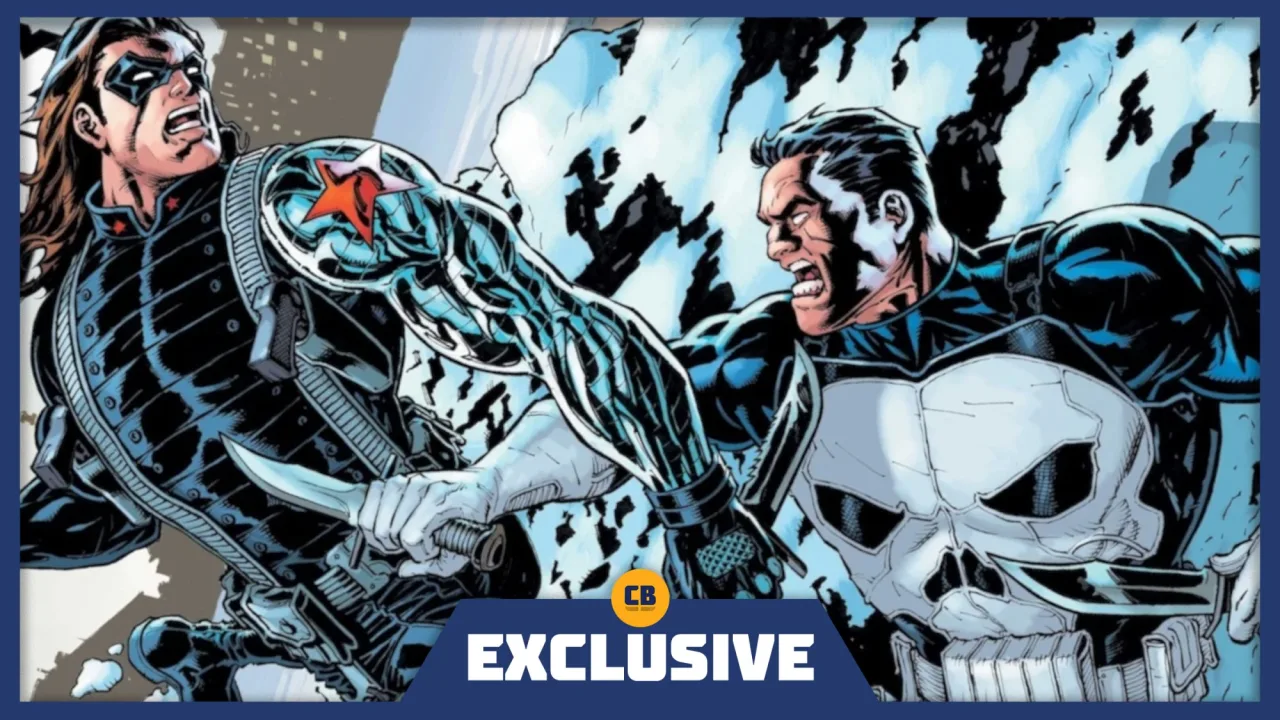 Punisher e Winter Soldier encaram‑se numa capa sangrenta, com armas, braço cibernético e o logo da Marvel ao fundo