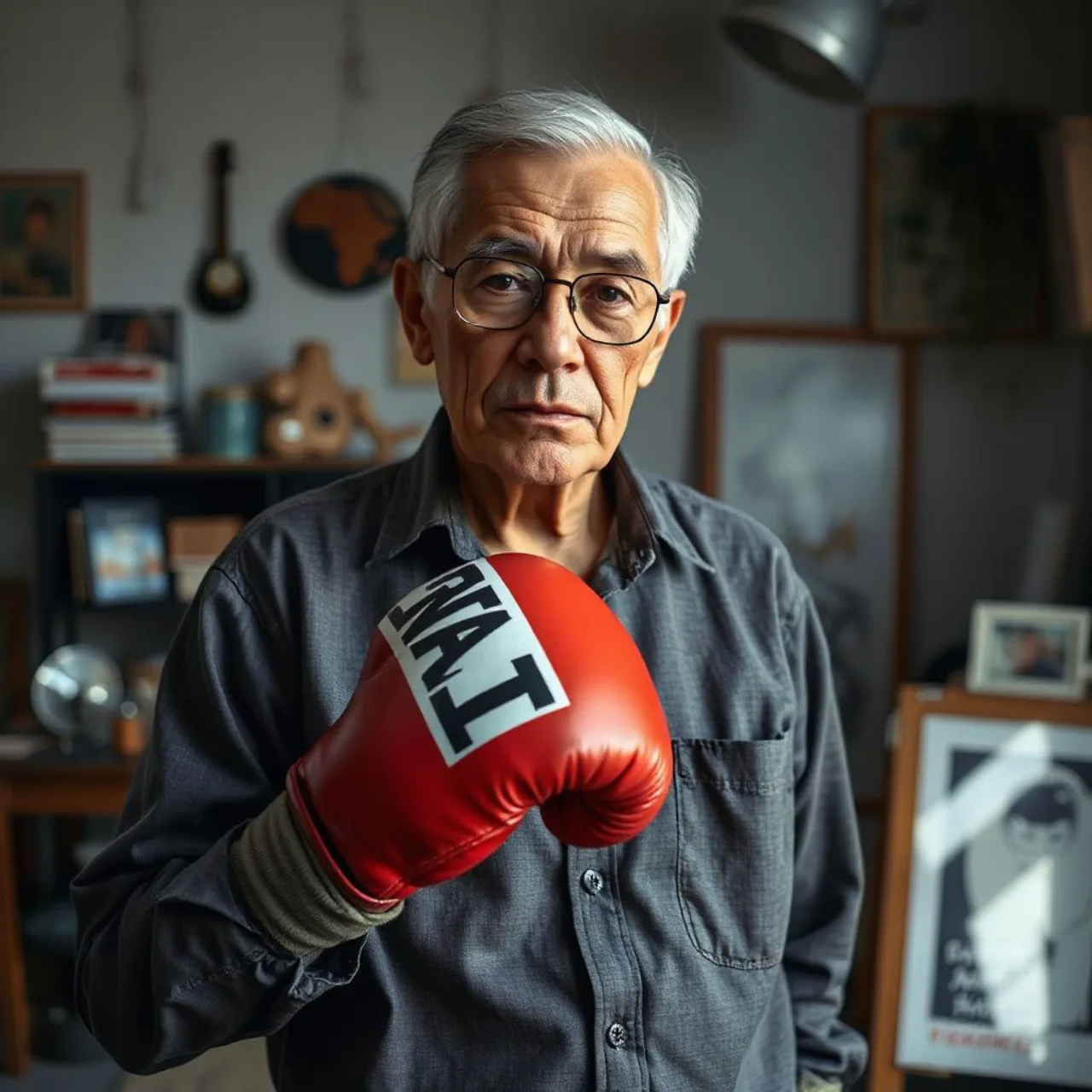 Retrato de Tetsuya Chiba ao lado da capa original de “Ashita no Joe” com o personagem Joe Yabuki