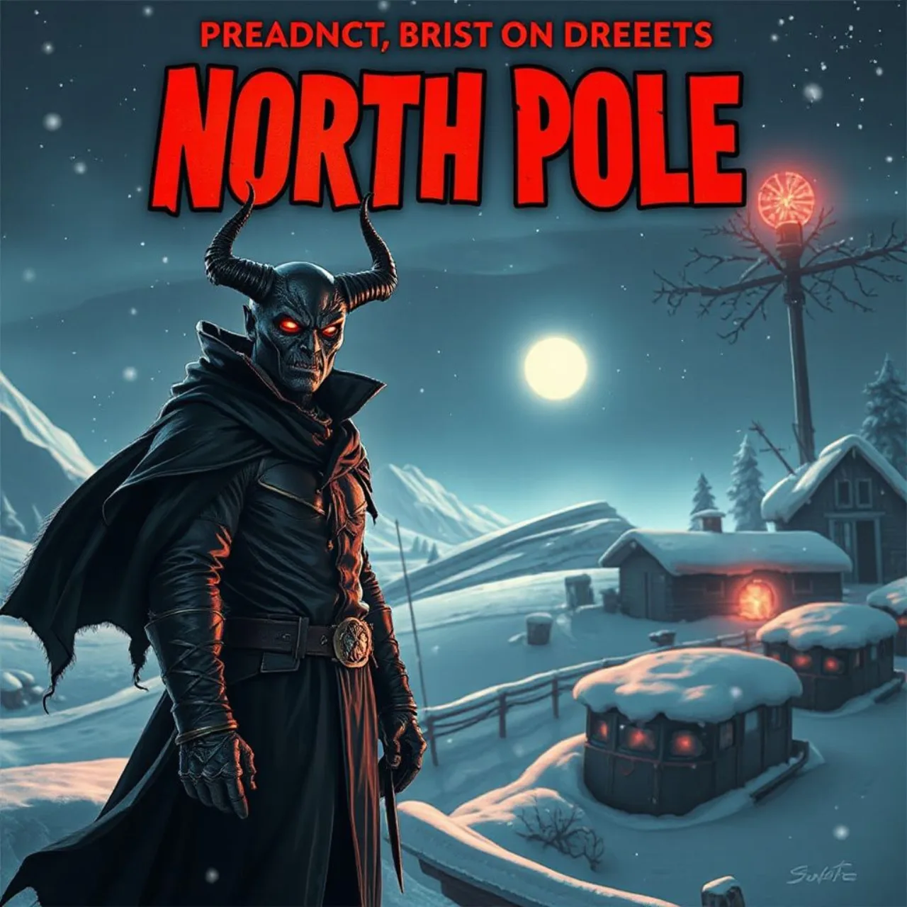 Spawn de capa, vestindo chapéu de Papai Noel, segurando uma lâmina ao lado de uma árvore natal sombria