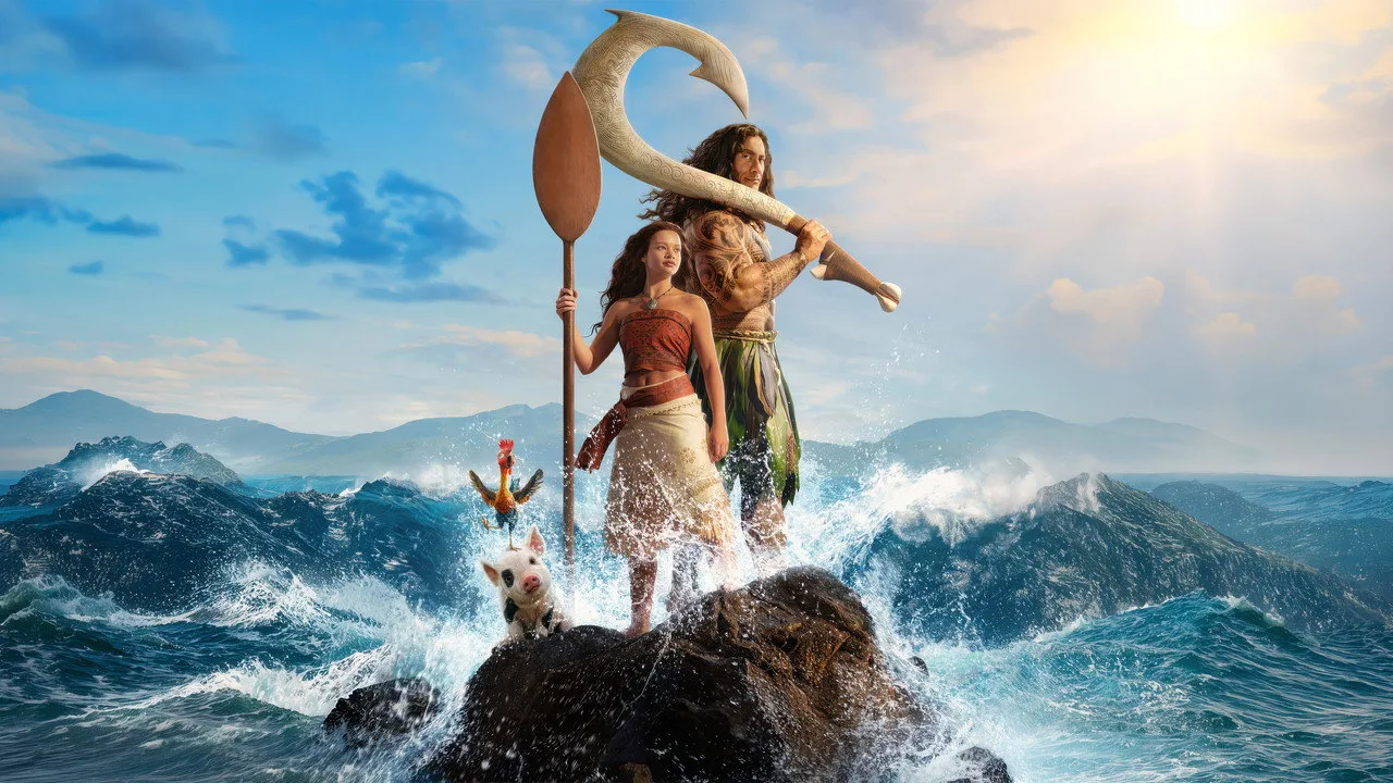 Uma pessoa correndo na esteira, usando fones, com a capa de “Moana” projetada na tela ao fundo