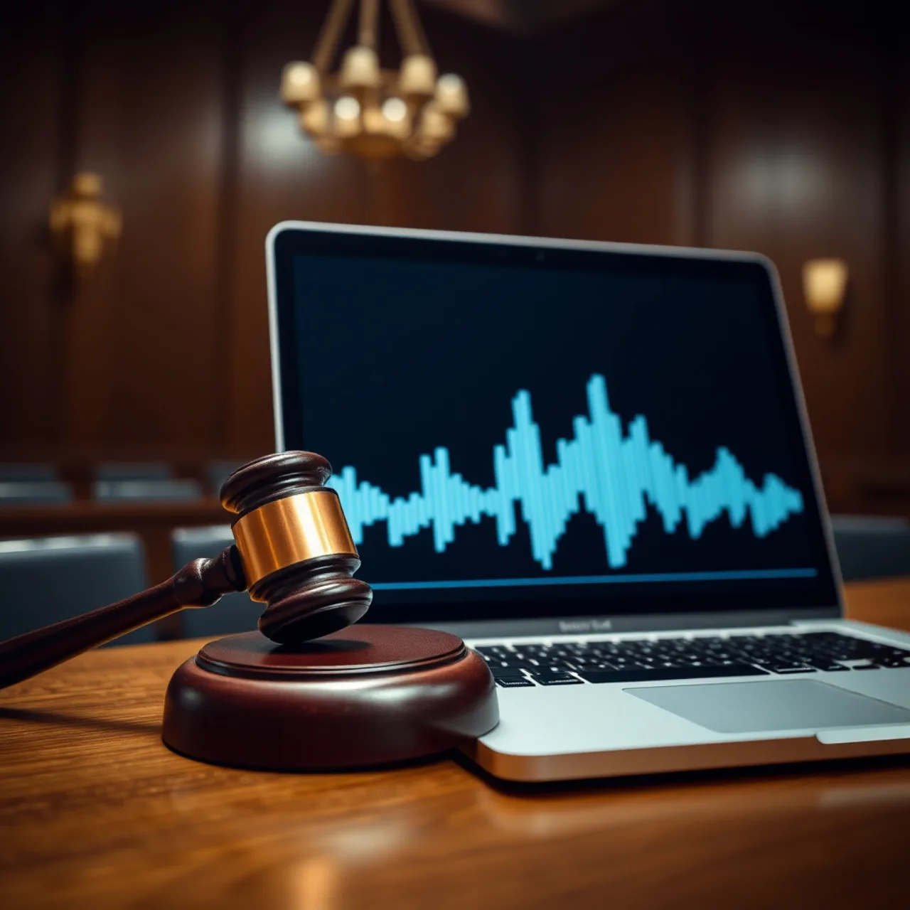 Balança judicial ao lado de partituras, fones de ouvido e logotipos da Sony e Udio sobre mesa de madeira