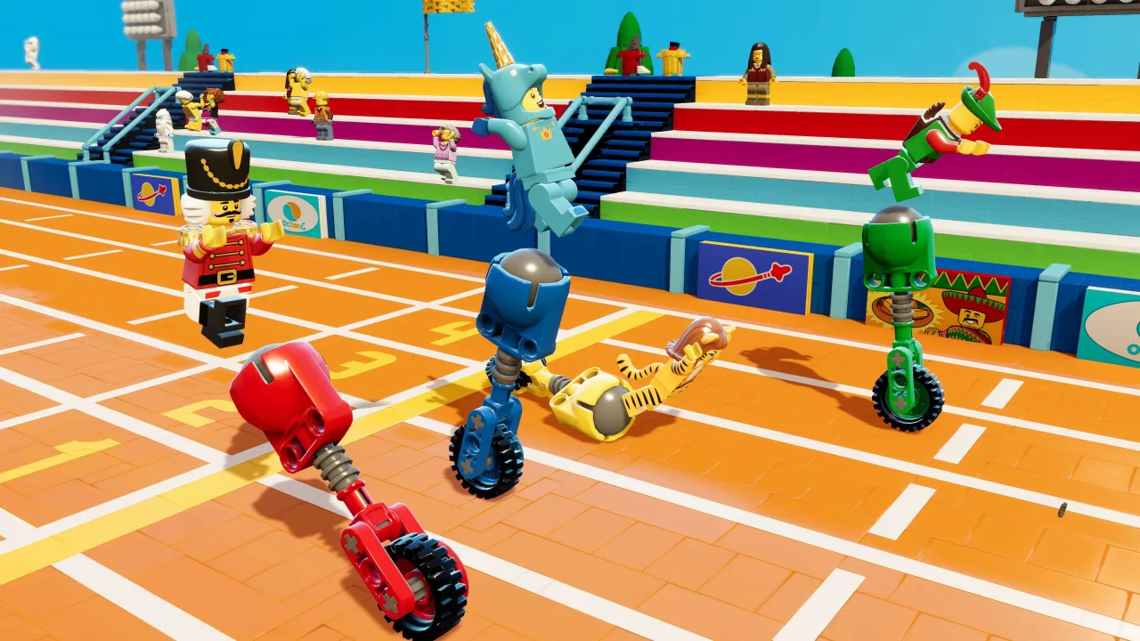 Console Nintendo Switch 2 com controle, peças LEGO coloridas ao redor e selo ESRB “E” em destaque