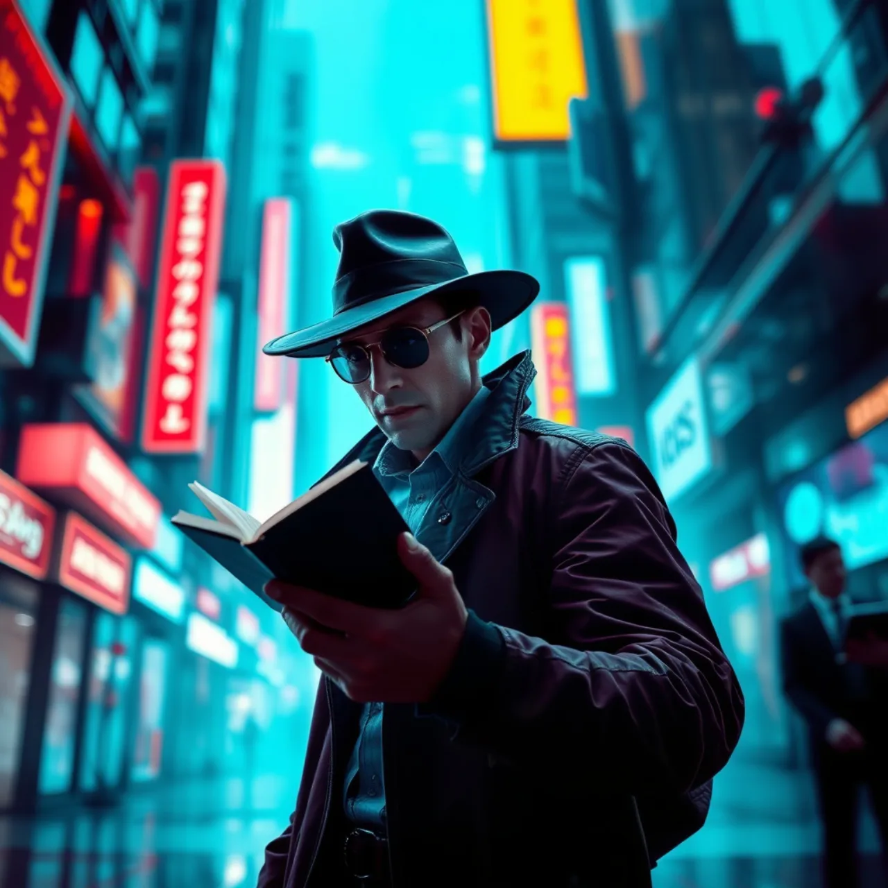 Jovem em traje de neon faz agachamento com halteres ao fundo de skyline cyberpunk iluminado