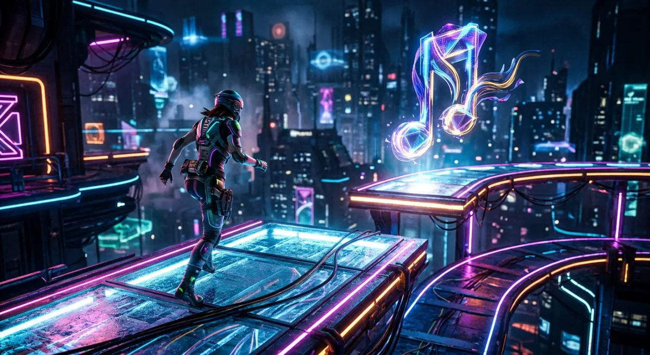 Tela do jogo SURI: The Seventh Note mostra a heroína neon com fones, notas musicais flutuando e logo vibrante