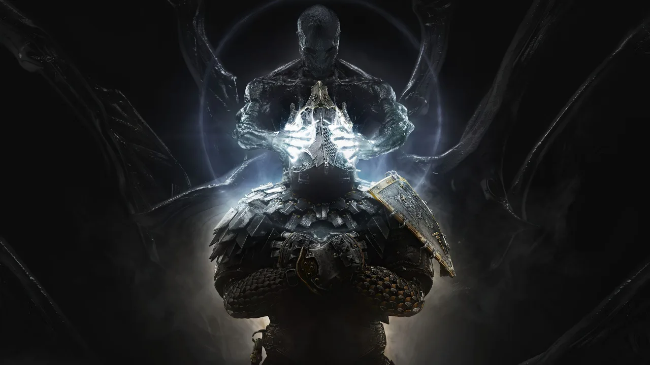 Jogador suado levanta halteres ao lado de um console, com capa de Mortal Shell 2 ao fundo