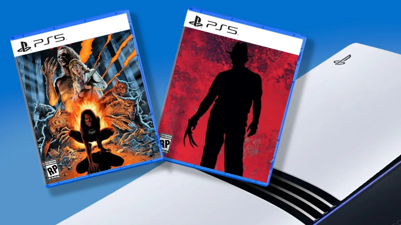 Pinhead segurando o Lament Configuration ao fundo, com capas de jogos de horror dos anos 80‑90 ao redor