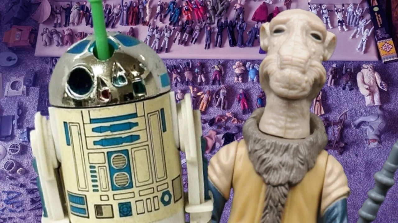Figuras de ação da linha Power of the Force da Kenner, como Yakface e Anakin Skywalker, expostas sobre fundo estrelado