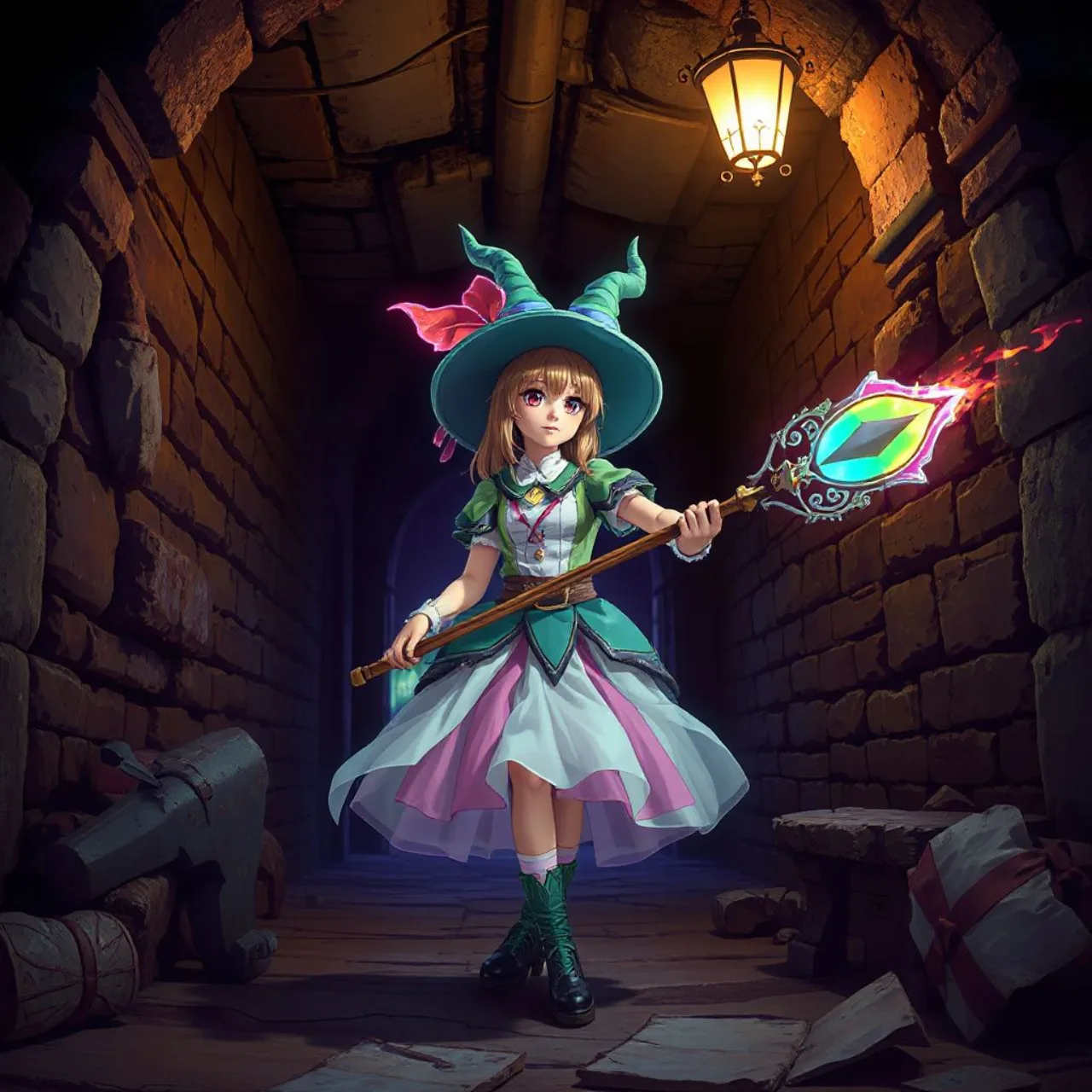 Personagens magicais em trajes coloridos lançam feitiços cintilantes dentro de um corredor de masmorra sombria