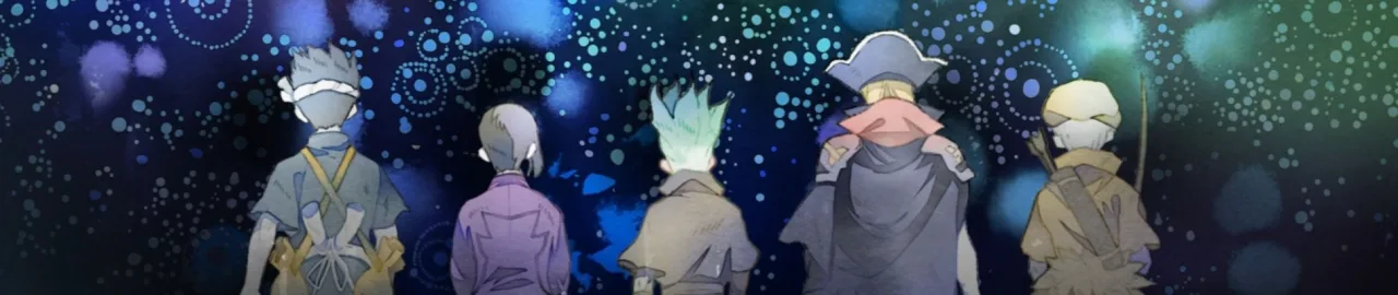 Jovem em roupa esportiva faz agachamento segurando um volume de Dr. Stone