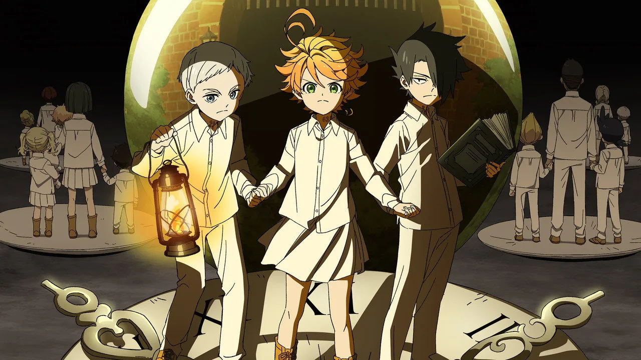 Jovens correndo numa pista ao nascer do sol, vestindo camisetas com estampas de The Promised Neverland