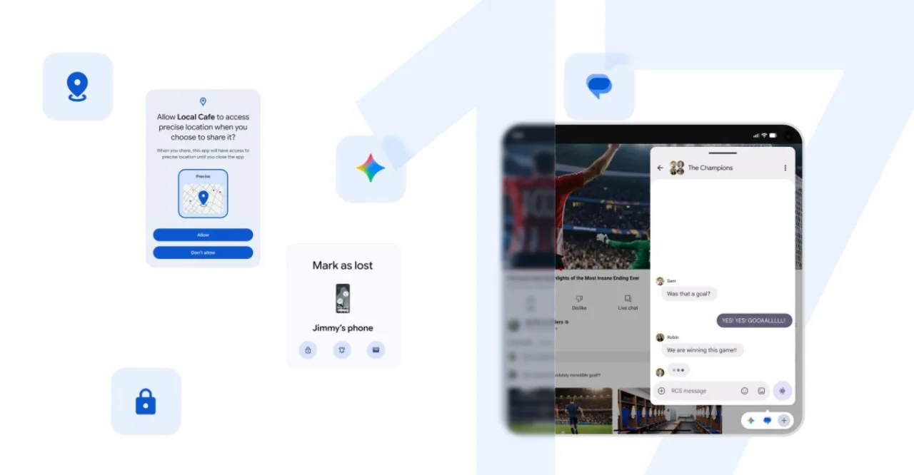 Pessoa correndo ao ar livre, usando fones Bluetooth e segurando um Pixel com a tela exibindo a atualização Android 17