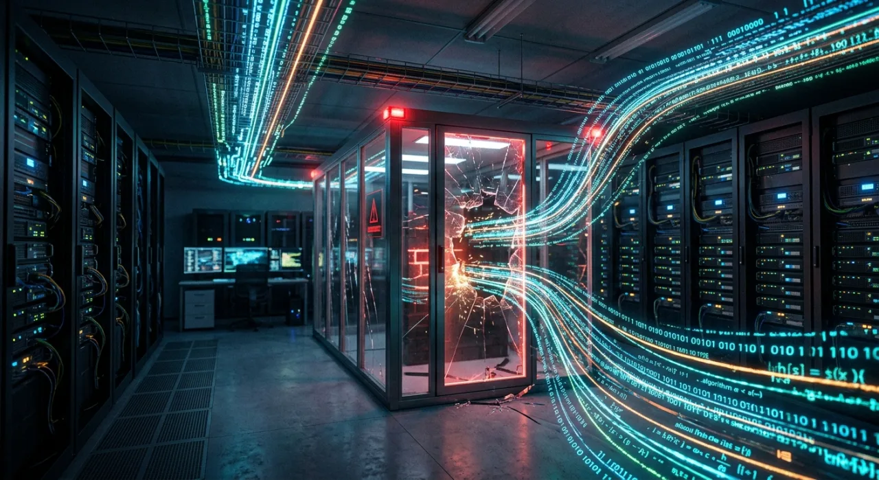 Tela de computador exibindo código vulnerável ao lado de um cadeado aberto e um cérebro digital