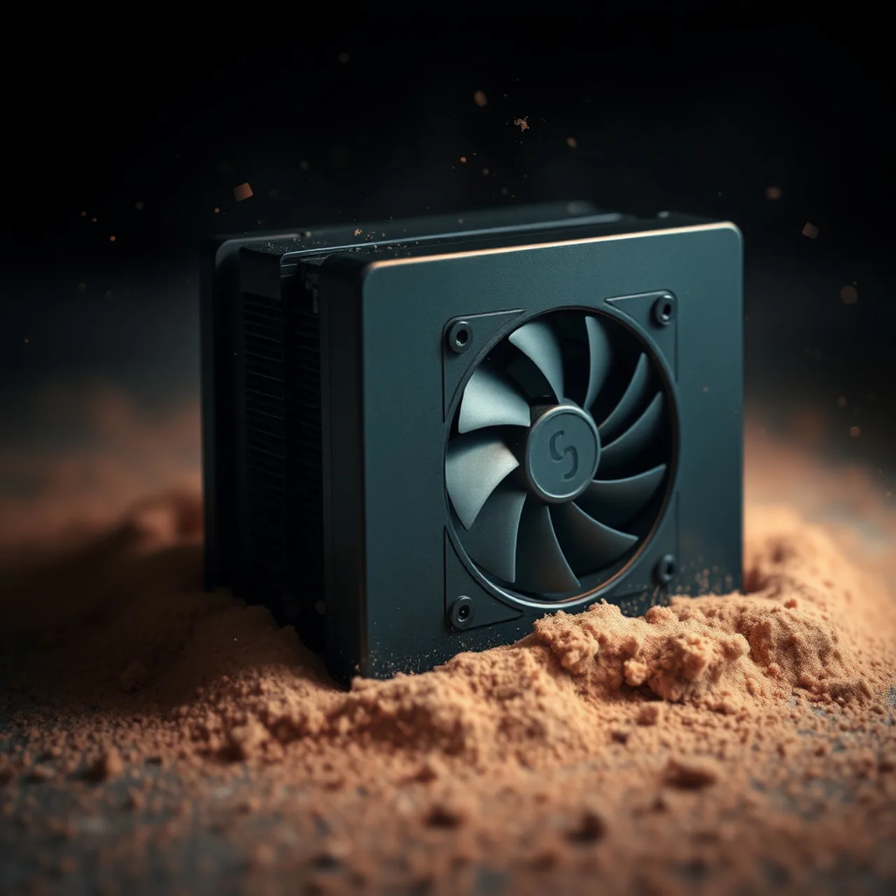 Xbox aberto, com ventoinha girando e poeira visível sobre a placa-mãe, enquanto uma mão segura um pincel de limpeza