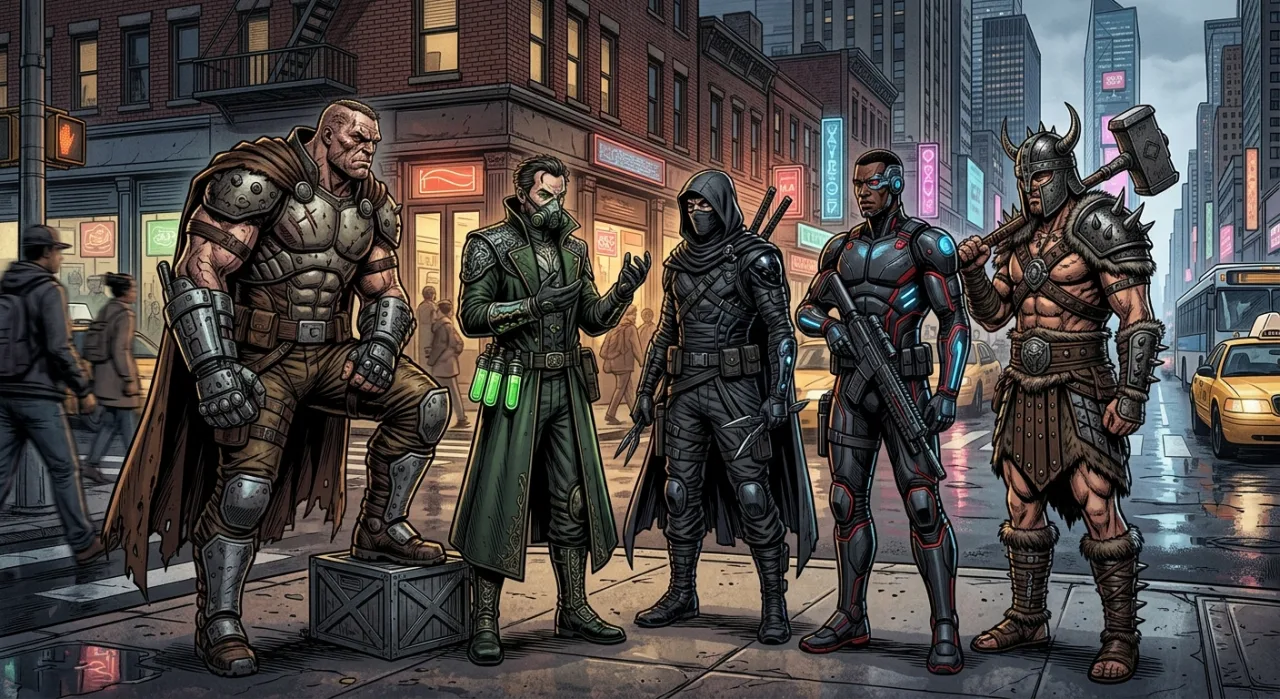 Homem musculoso fazendo supino, vestindo camiseta da Marvel, ao lado de uma pilha de quadrinhos da 'The Manosphere