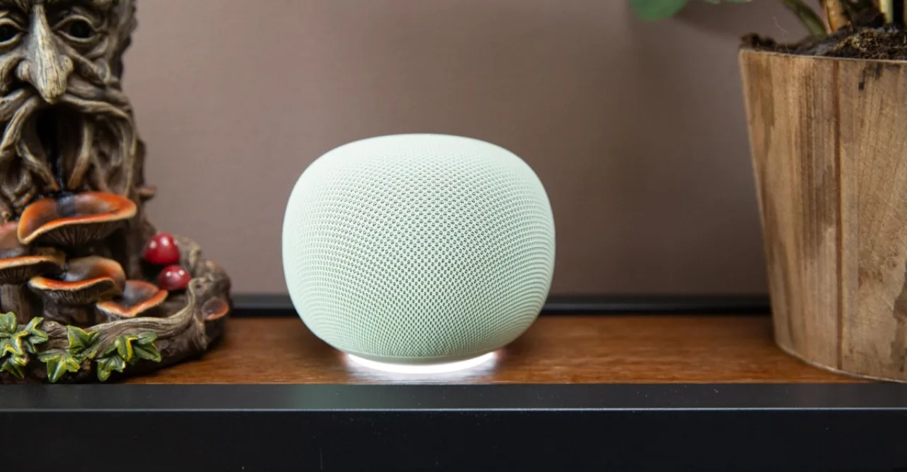 Pessoa malhando com halteres, usando um alto-falante inteligente Google ao fundo, enquanto acompanha treino com música
