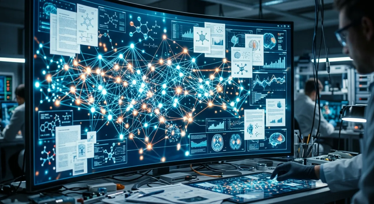 Cientista de jaleco analisando estruturas moleculares complexas em um monitor de alta tecnologia num laboratório