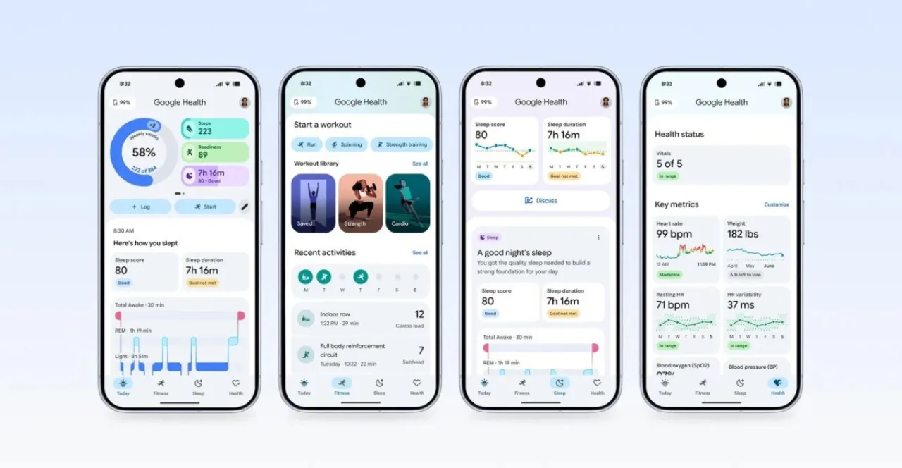Pessoa usando smartwatch Fitbit Air enquanto corre ao ar livre, com smartphone exibindo interface do Google Health