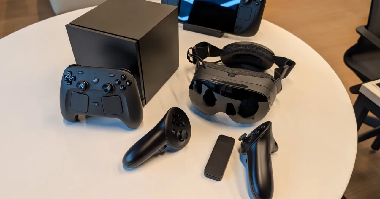 Um jogador concentrado na Steam Machine, com fones, um copo de água e halteres ao lado