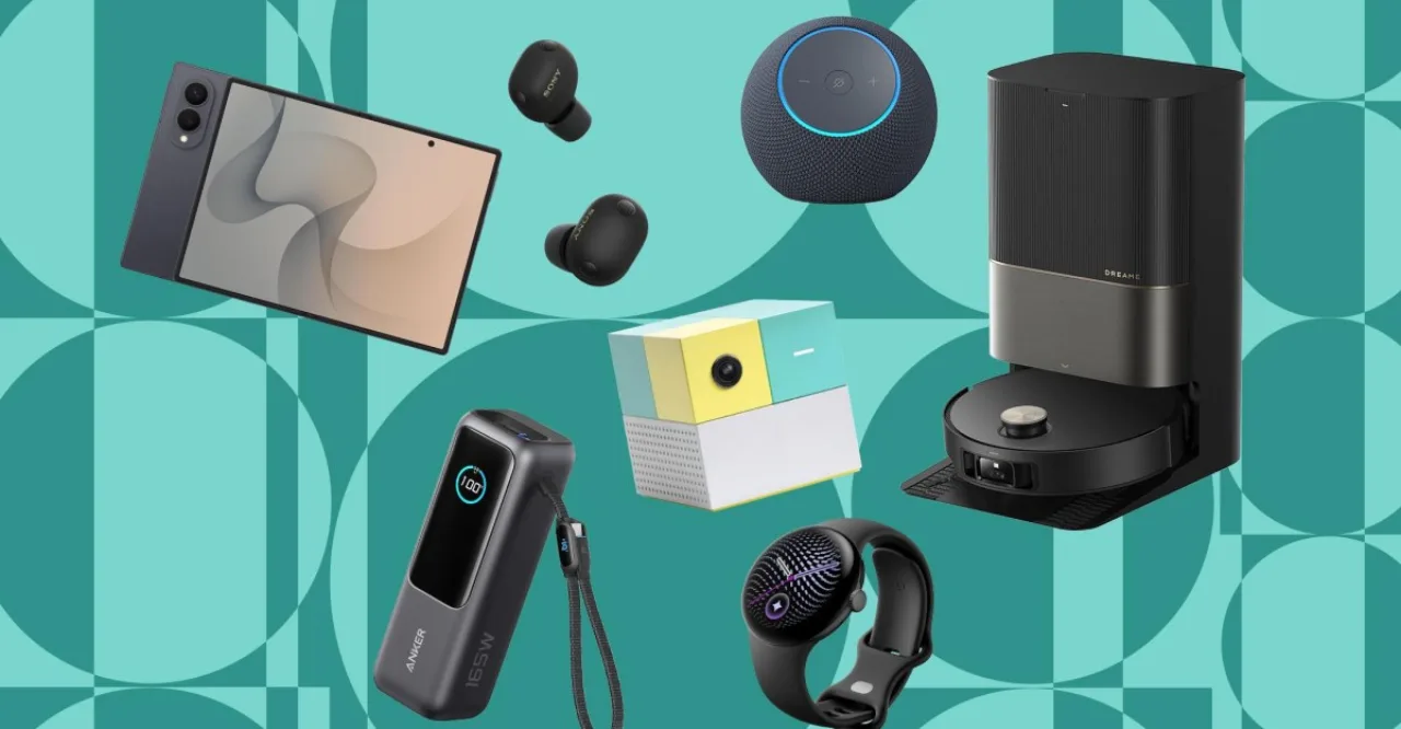 Echo Show 8 de 2ª geração com tela de 8” exibindo o logo da Amazon e selo de desconto