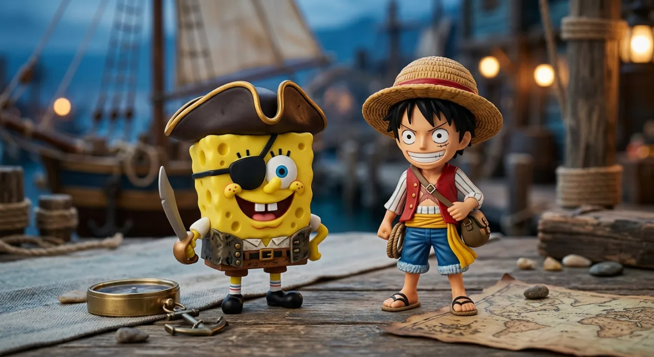 Jovem de roupa esportiva segura um Happy Meal com brinquedo de Luffy e Bob Esponja, ao lado de halteres e garrafa d'água