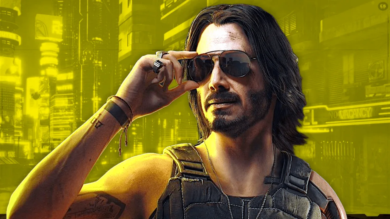 Jogador em cadeira gamer faz agachamento usando luvas neon e headset, ao fundo tela com skins de Cyberpunk
