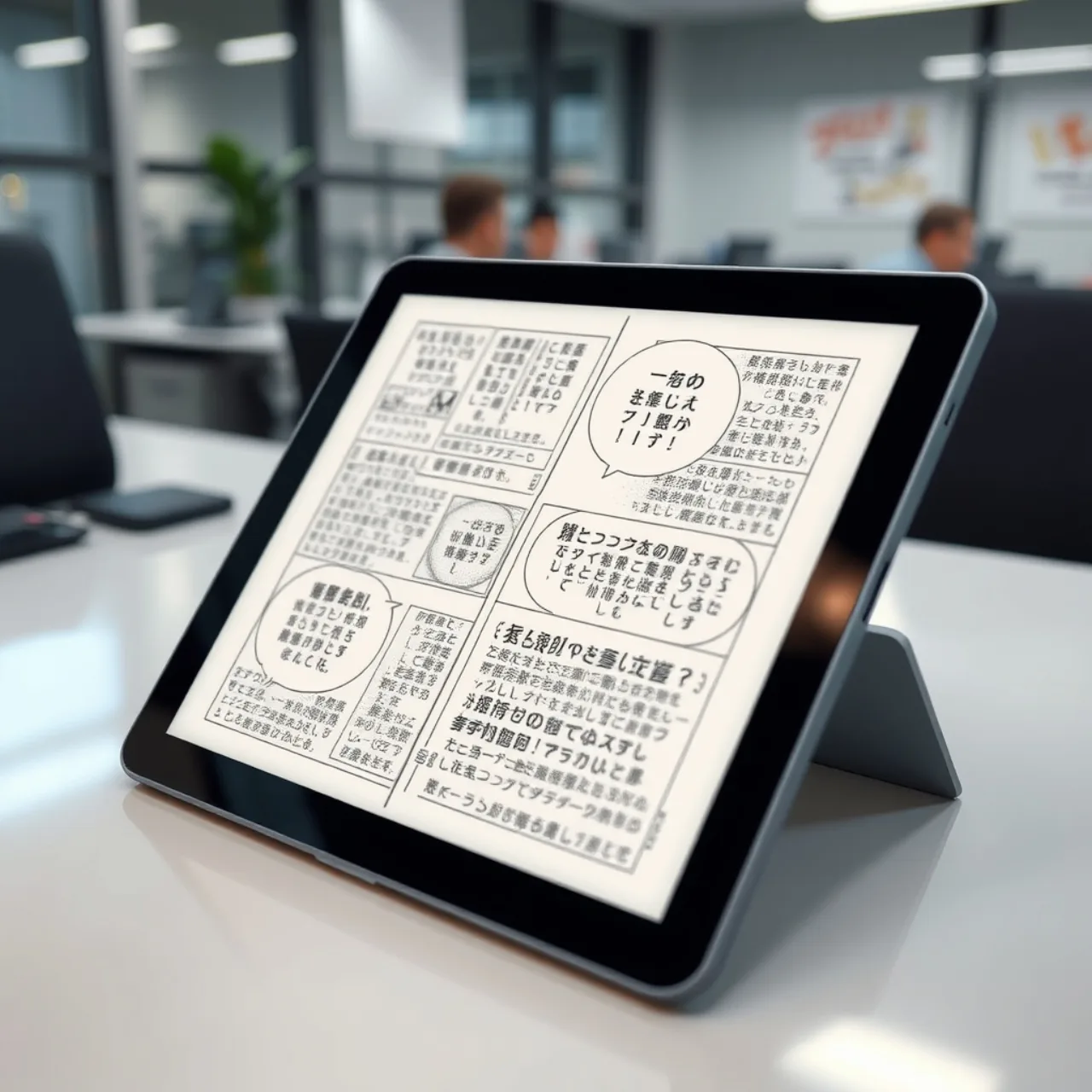 Pessoa lendo um mangá em um tablet enquanto faz uma pausa ativa com uma garrafa de água e frutas frescas na mesa