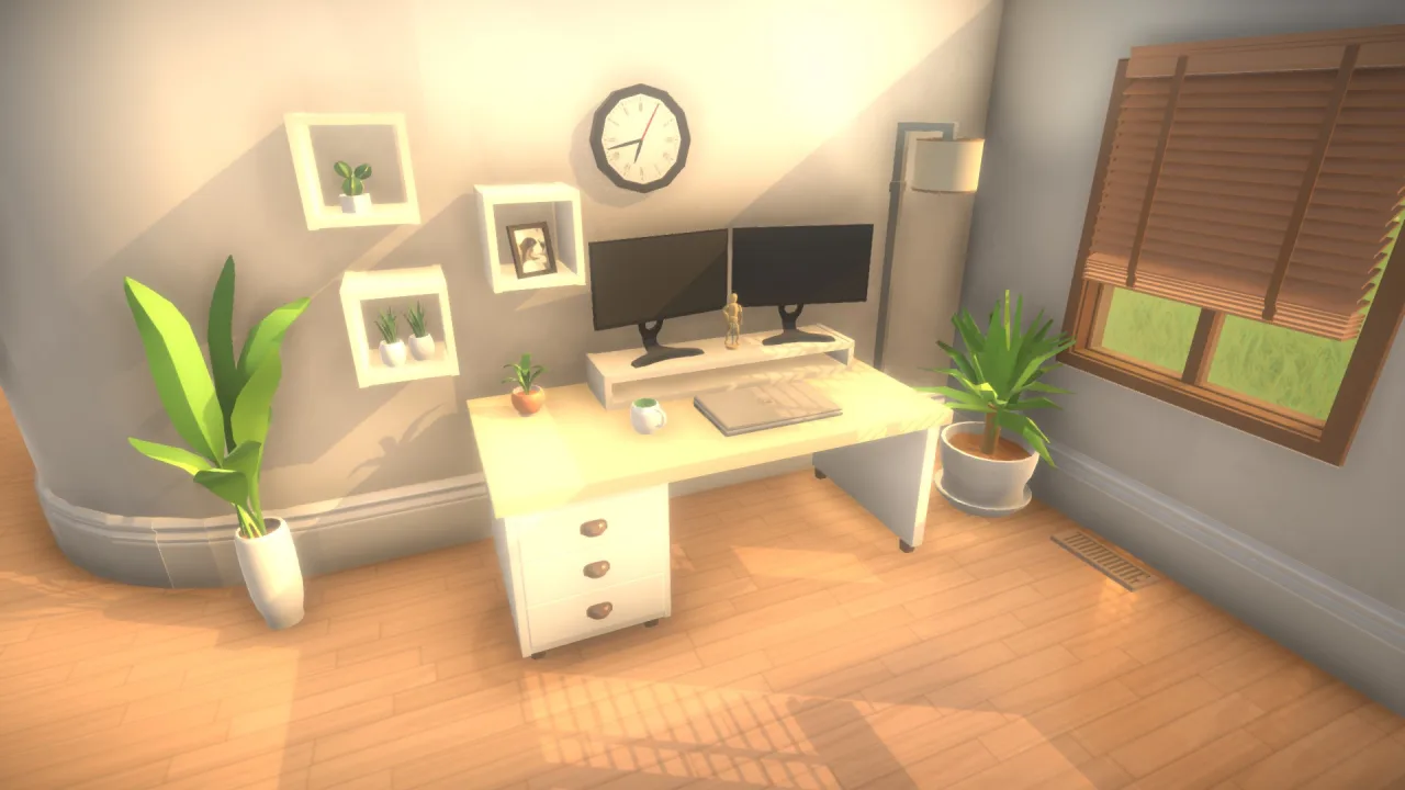 Personagem estilizado de Paralives interagindo com interface de construção e ferramentas de design em um computador